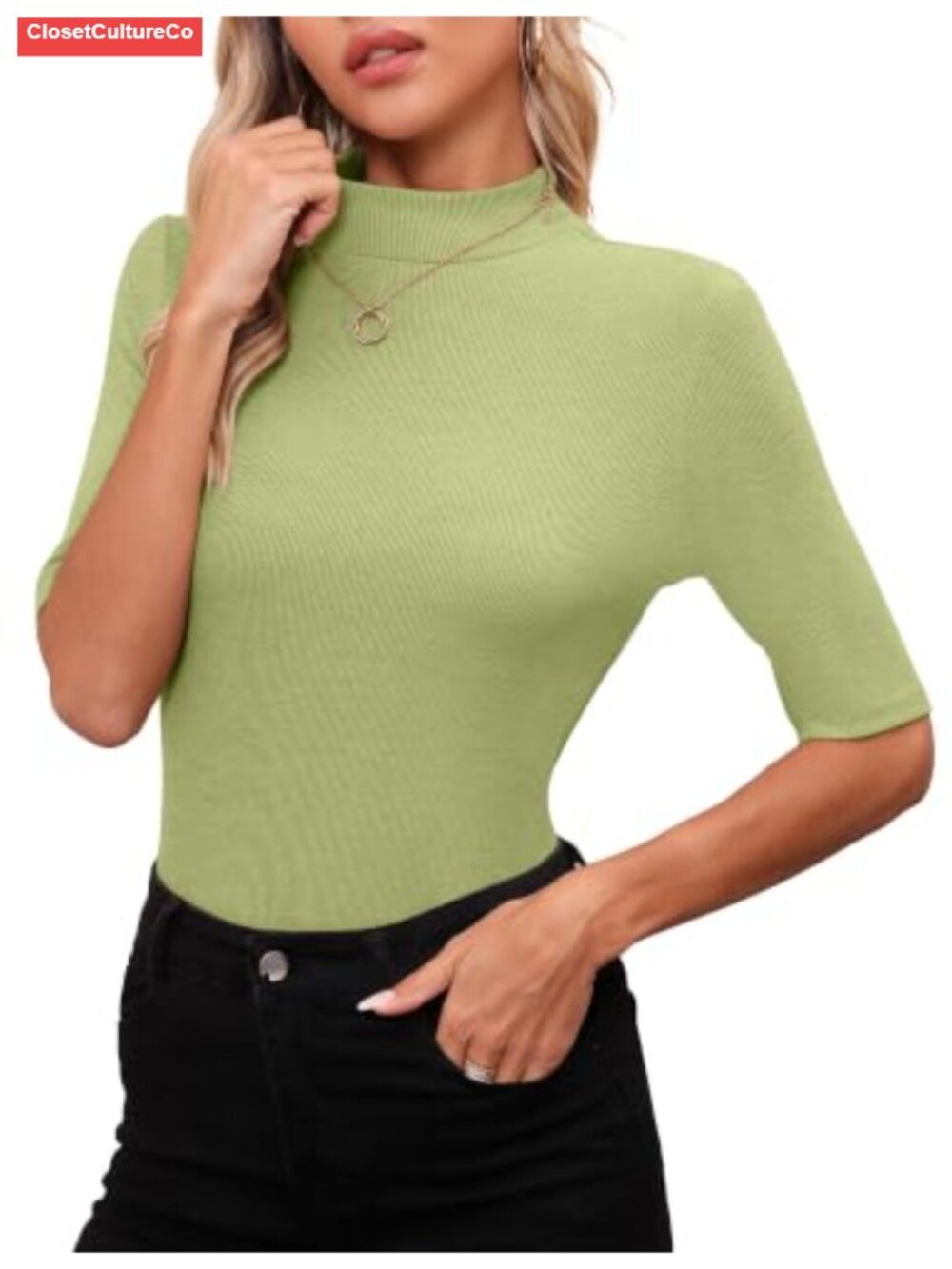 Mock Neck Short Sleeve Ribbed Knit Top Slim Fit Business Casual